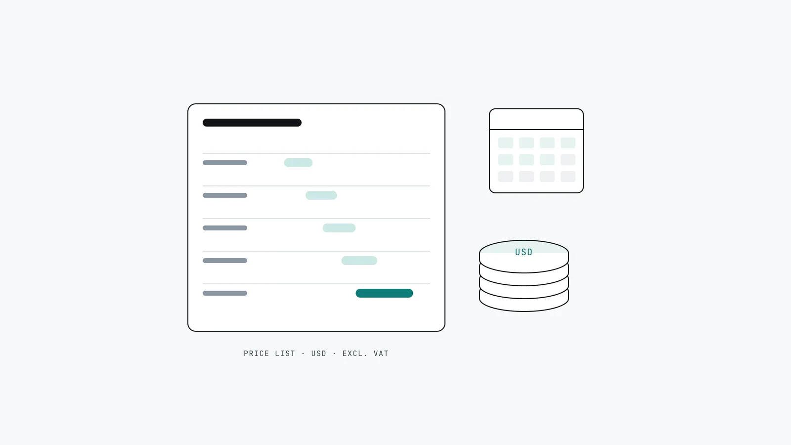 Line drawing of a price list card with rows of range bars next to a stack of coins marked USD and a calendar